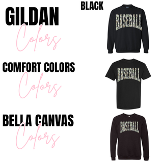 Camo Baseball graphic shown on black Gildan crewneck, Comfort Colors tee, and Bella Canvas crewneck

