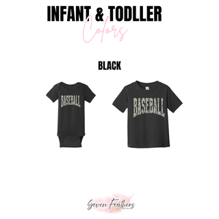 Black infant onesie and toddler tee with arched camo Baseball graphic
