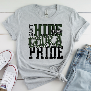 Ash grey tee with Can't Hide That Cobra Pride graphic, bubble script COBRA outlined in white over distressed HIDE and PRIDE lettering