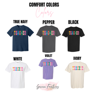Comfort Colors short sleeve tee color options for the teacher graphic in navy, pepper, and ivory
