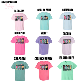 Checkered Daisy nurse tee in blossom, chalky mint, chambray, neon pink, violet, orchid, seafoam, crunchberry, island reef
