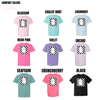 checkered ghost graphic tee color chart showing blossom chalky mint chambray neon pink violet orchid seafoam crunchberry and black
