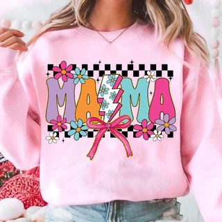 Pink crewneck sweatshirt with colorful checkered Mama design, lightning bolt and pink bow

