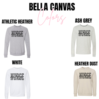 Checkered Script Nurse Bella Canvas crewneck and long sleeve in athletic heather, ash grey, white, and heather dust
