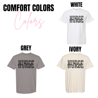 Checkered Script Nurse Comfort Colors tee in white, grey, and ivory with Nurse in checkered block letters
