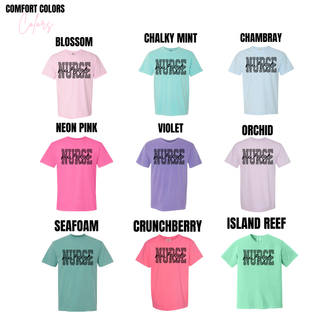 Checkered Script Nurse tee in blossom, chalky mint, chambray, neon pink, violet, orchid, seafoam, crunchberry, island reef