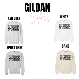 Checkered Script Nurse Gildan crewneck color options in ash grey, white, sport grey, and sand
