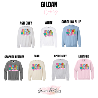 Checkered social worker crewneck and hoodie Gildan color options including ash grey, sand, and light pink
