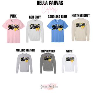 Checkered Teach Pencil Bow Shirt Bella Canvas tee, long sleeve, and crewneck in pink, ash grey, carolina blue, heather dust, athletic heather, deep heather, white