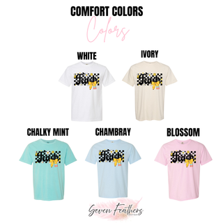 Checkered Teach Pencil Bow Shirt Comfort Colors tee in white, ivory, chalky mint, chambray, blossom