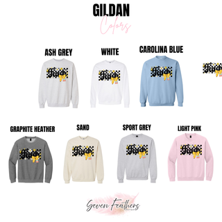 Checkered Teach Pencil Bow Shirt Gildan crewneck in ash grey, white, carolina blue, graphite heather, sand, sport grey, light pink