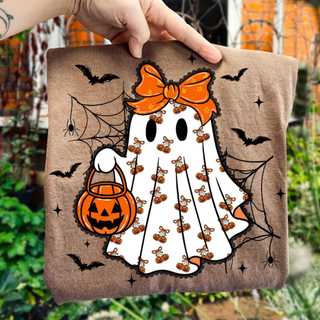 espresso adult graphic tee with spooky ghost cherry pumpkin pattern, orange bow, bats and spiderweb, halloween flat lay
