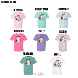 cherry pumpkins spooky ghost graphic tee color chart showing blossom chalky mint chambray neon pink violet orchid seafoam and white
