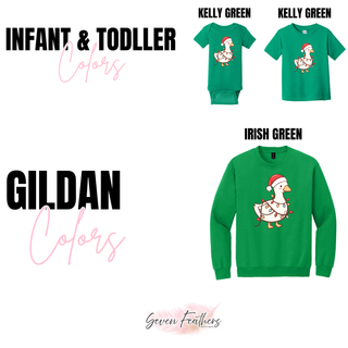 Infant, toddler, and Gildan color options for the Christmas Goose design: Kelly Green and Irish Green