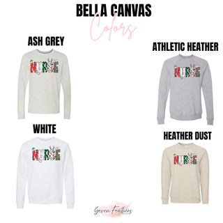 Christmas Patchwork Nurse top color options in Bella Canvas Ash Grey, Athletic Heather, White, and Heather Dust