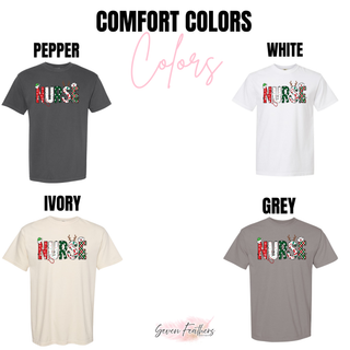 Christmas Patchwork Nurse top color options in Comfort Colors Pepper, White, Ivory, and Grey