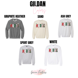 Christmas Patchwork Nurse top color options in Gildan Graphite Heather, Sand, Ash Grey, Sport Grey, and White