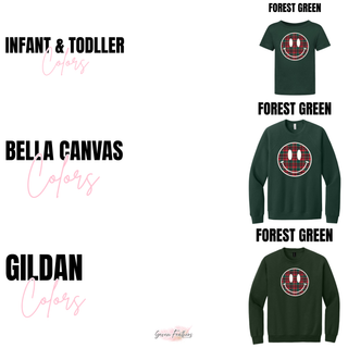 Christmas Plaid Smiley Face Graphic Top color options in Forest Green for infant and toddler, Bella Canvas, and Gildan
