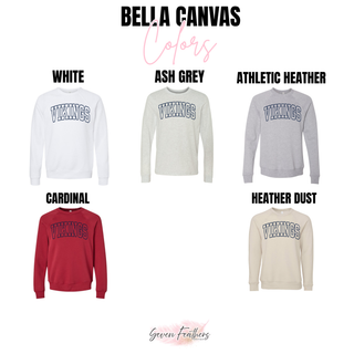 Bella Canvas crewneck color options for vikings outline graphic in white, ash grey, and cardinal
