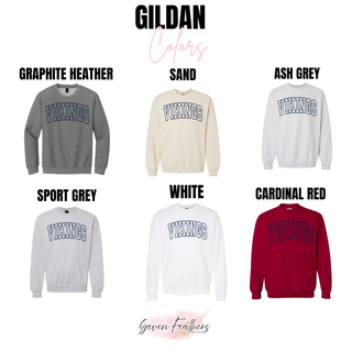 Gildan crewneck color options for vikings outline graphic in graphite heather, sand, and cardinal red
