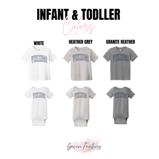 Infant and toddler tee and onesie color options for vikings outline graphic in white, heather grey, and granite
