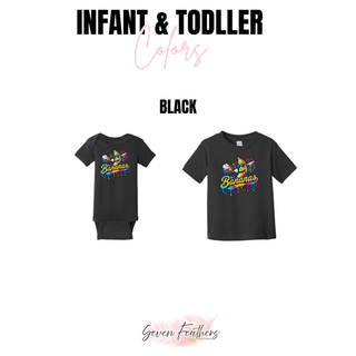 Black infant onesie and toddler tee with colorful drip banana mascot design
