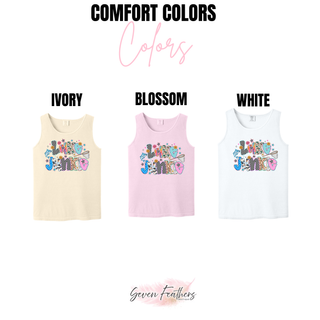 Comfort Colors 9360 lake junkie tank top in ivory, blossom, and white with colorful lake junkie graphic
