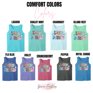 Comfort Colors 9360 lake junkie tank top in lagoon, chalky mint, chambray, flo blue, violet, crunchberry, and more
