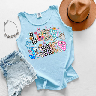 Chambray Comfort Colors 9360 tank top flat lay with colorful lake junkie patterned lettering, fish, and fishing net
