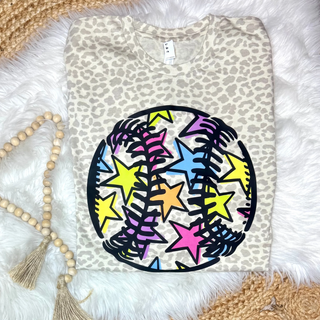 Colorful Star Baseball Softball Leopard Graphic Tee with neon star filled baseball design on leopard print tee
