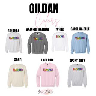 Gildan Colorful Teacher Teach Love Inspire crewneck in ash grey, graphite heather, white, carolina blue, sand, light pink, and sport grey
