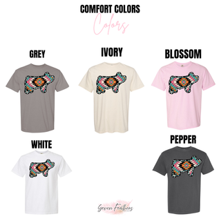 Comfort Colors aztec show pig color chart in grey, ivory, blossom, white, and pepper