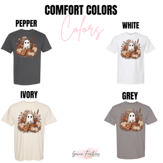 Comfort Colors color chart for boho ghost floral top in pepper, white, ivory, and grey
