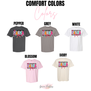 Comfort Colors color chart for Checkered Pop of Color Mama top in pepper, grey, white, blossom, and ivory
