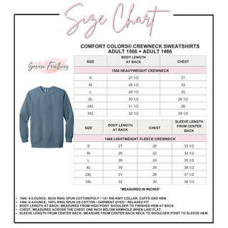 Comfort Colors adult crewneck sweatshirt size chart with body length and chest measurements.