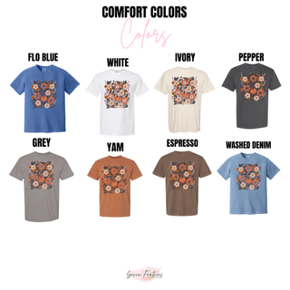 Comfort Colors fall floral pumpkin bouquet color chart in flo blue, white, ivory, pepper, grey, yam, espresso, and washed denim