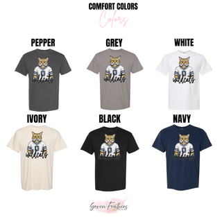 Comfort Colors chart for Hayden Wildcats white jersey top in pepper, grey, white, ivory, black, navy
