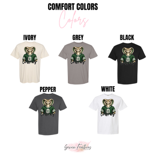 Comfort Colors chart for Jackson Heights Cobras green jersey top in ivory, grey, black, pepper, and white

