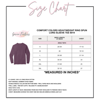 Comfort Colors Heavyweight Ring Spun Long Sleeve Tee (6014) size chart in purple, showing body length at back and chest measurements in inches for adult sizes S through 3XL