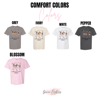Comfort Colors pumpkin spice pirouettes color chart in grey, ivory, white, pepper, and blossom
