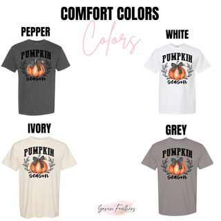 Comfort Colors color chart for pumpkin season polka dot bow top in pepper, white, ivory, and grey

