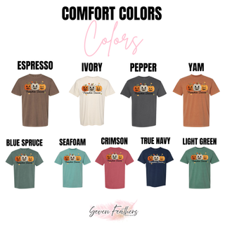Comfort Colors Pumpkin Season patchwork tee color chart showing Espresso, Ivory, Pepper, Yam, Blue Spruce, Seafoam, Crimson, True Navy, and Light Green