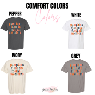 Comfort Colors color chart for pumpkins flannels football sweaters top in pepper, white, ivory, and grey
