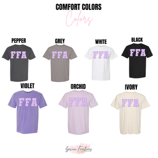 Comfort Colors Royal Valley Ag lavender daisy color chart in pepper, grey, white, black, violet, orchid, and ivory
