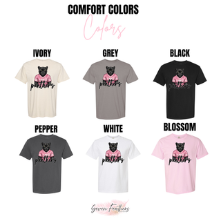 Comfort Colors chart for Royal Valley Panthers pink jersey top in ivory, grey, black, pepper, white, and blossom
