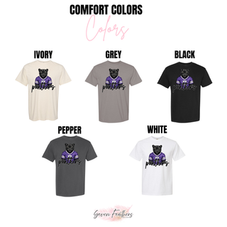 Comfort Colors chart for Royal Valley Panthers purple jersey top in ivory, grey, black, pepper, white