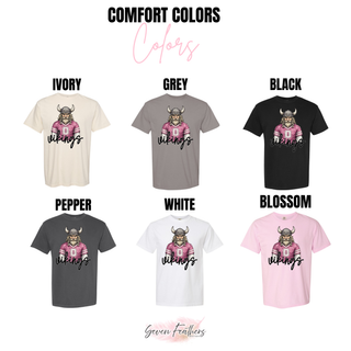 Comfort Colors chart for Seaman Vikings pink jersey top in ivory, grey, black, pepper, white, and blossom
