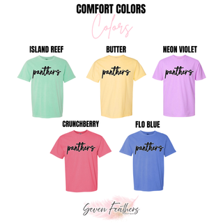 Comfort Colors chart for Royal Valley Panthers pastel top in island reef, butter, neon violet, crunchberry, flo blue
