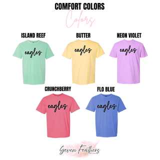 Comfort Colors chart for Silver Lake Eagles pastel top in island reef, butter, neon violet, crunchberry, flo blue
