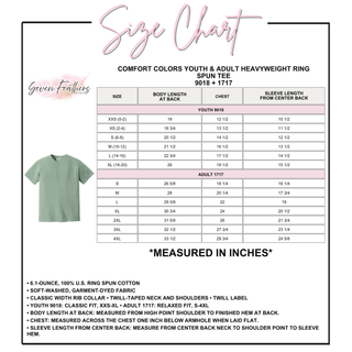 Comfort Colors Youth and Adult Heavyweight Ring Spun Tee size chart, showing body length, chest, and sleeve length measurements in inches for youth XXS through XL and adult S through 4XL